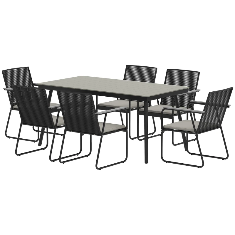 Outsunny 6 Seater Garden Dining Set with Soft Cushions, Rattan Backrest, Rectangular Plastic Top, Garden Furniture Set, Outdoor Dining Table and Chairs for Patio, Balcony, Poolside, Grey