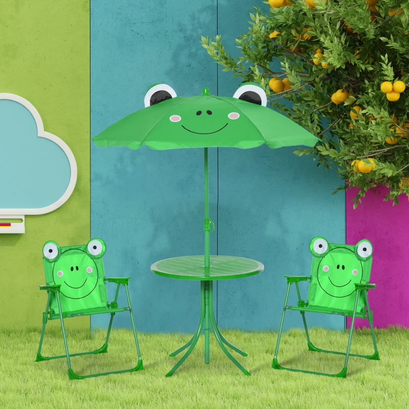 Outsunny Set Masa de Gradina cu 2 Scaune Pliabile si Umbrela pentru Copii