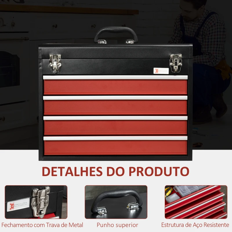 DURHAND Caixa de Ferramentas de Aço com 4 Gavetas Fechaduras Metálicas Mala de Ferramentas Portátil 51x22x39,5 Preto e Vermelho