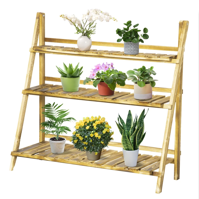 Outsunny Suport Pliabil pentru Plante din Lemn de Brad cu 3 Nivele, 100x37x93 cm, Lemn Natural