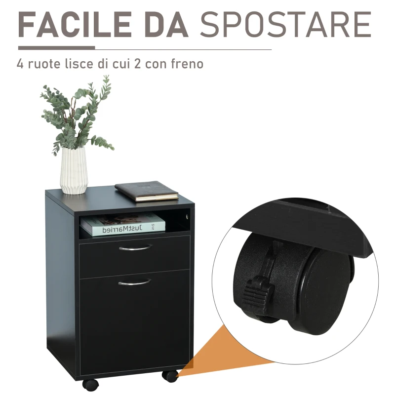 HOMCOM Schedario da Ufficio con Cassetto, Armadietto, Ruote a Freno e Ripiano Aperto, Cassettiera Ufficio per Lettera/Legale/Formato A4, Armadio Verticale per Studio, 40x35x60 cm, Nero