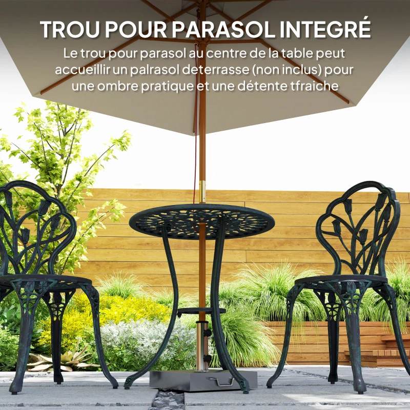 Outsunny Ensemble salon de jardin 2 places 2 chaises + table ronde fonte d'aluminium imitation fer forgé vert