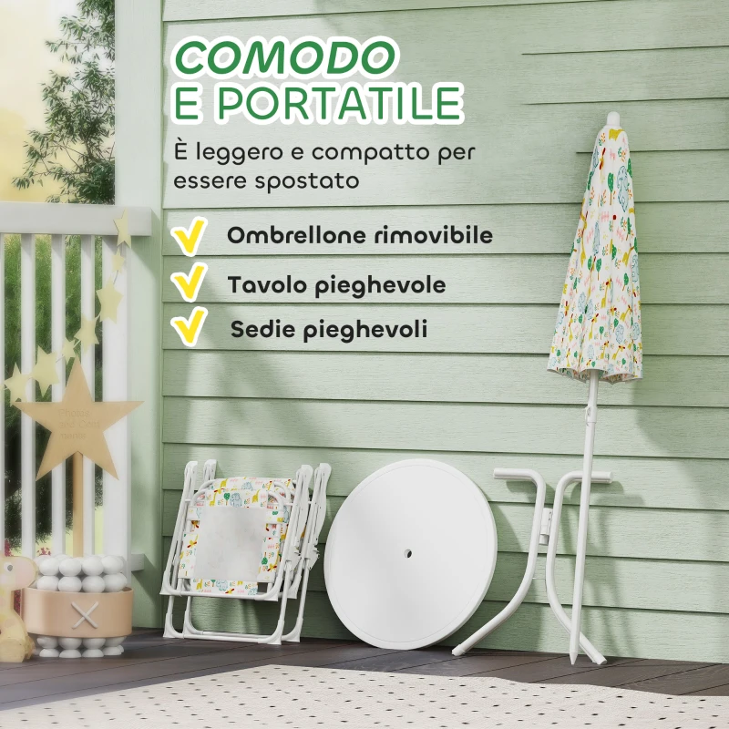 AIYAPLAY Set da Giardino per Bambini 2-5 Anni con Tavolino Rotondo, 2 Sedie Pieghevoli e un Ombrellone, Bianco