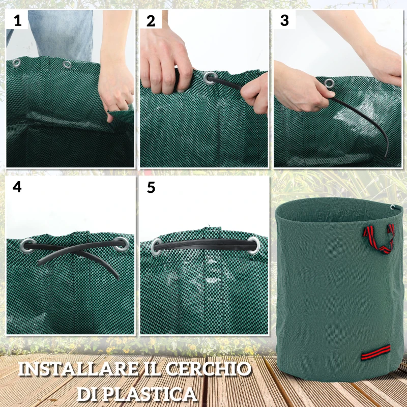 Outsunny Set 3 Sacchi per Rifiuti da Giardino da 300 L con Manici, Richiudibili e Riutilizzabili, Ø67x84 cm, Verde