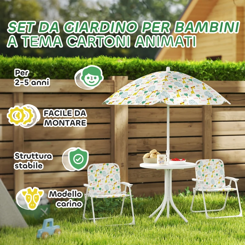 AIYAPLAY Set da Giardino per Bambini 2-5 Anni con Tavolino Rotondo, 2 Sedie Pieghevoli e un Ombrellone, Bianco