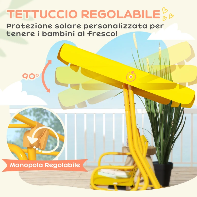 AIYAPLAY Dondolo per Bambini da Esterno a 2 Posti con Tettuccio Regolabile e Cinture di Sicurezza, 112x75x120 cm, Giallo