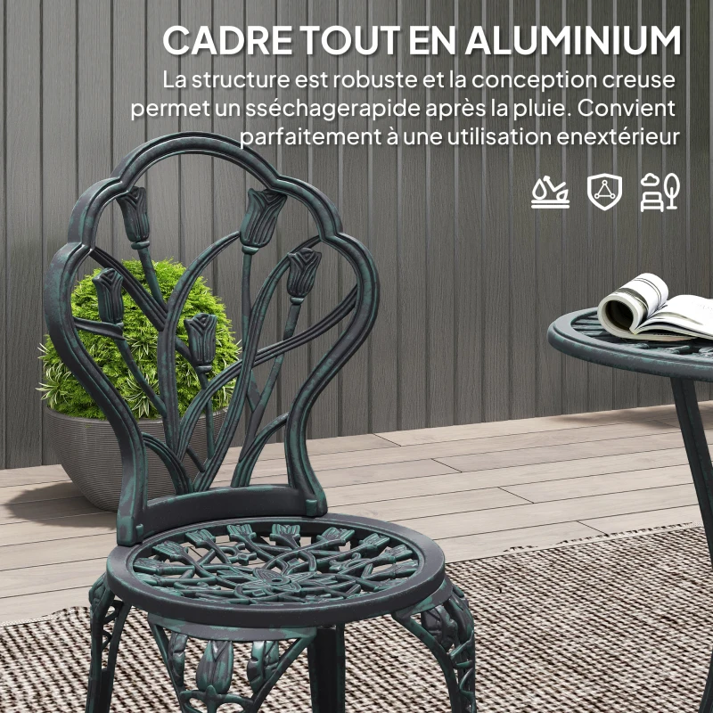 Outsunny Ensemble salon de jardin 2 places 2 chaises + table ronde fonte d'aluminium imitation fer forgé vert