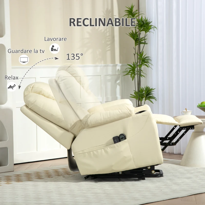 HOMCOM Poltrona Alzapersona Reclinabile fino a 135° con 8 Punti Massaggio, Telecomando e Poggiapiedi, 88x92x106 cm, Crema