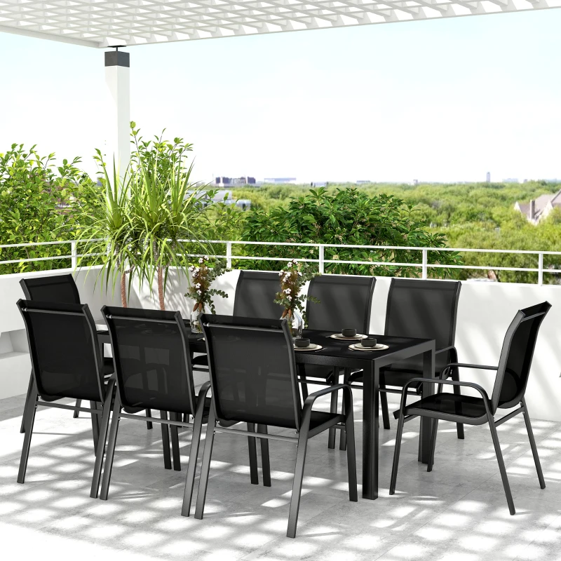 Outsunny 8 Seater Garden Dining Set with Stacking Chairs, Rectangular Tempered Glass Top, Garden Furniture Set, Outdoor Dining Table and Chairs for Patio, Balcony, Poolside, Black