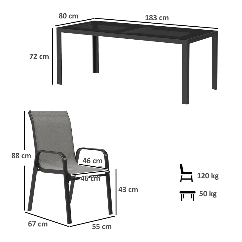 Outsunny Set da Giardino con Tavolo Rettangolare in Vetro e 8 Sedie Impilabili con Braccioli, Grigio Chiaro