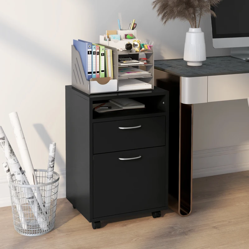 HOMCOM 60cm Filing Cabinet with Drawer, Open Shelf, Metal Handles and 4 Wheels, Office Home Organiser Mobile Printer, Black