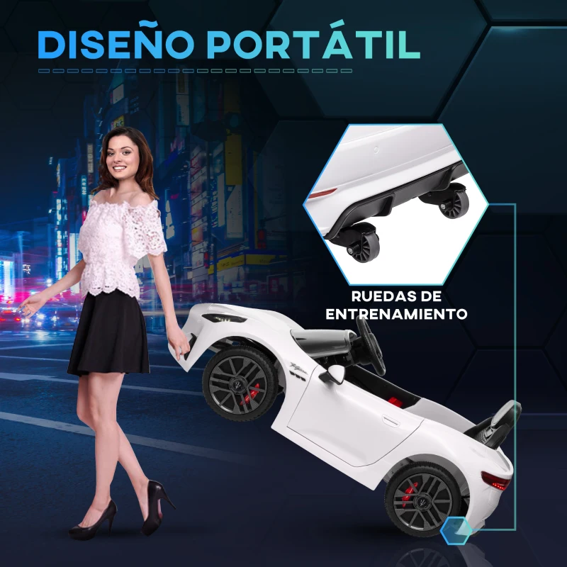 AIYAPLAY Coche Eléctrico Infantil Maserati Gran Turismo Folgore con Batería 12V Mando a Distancia Faros Bocina Música MP3 Blanco
