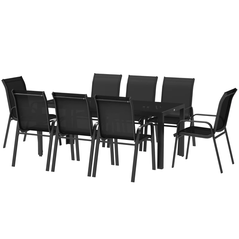 Outsunny 8 Seater Garden Dining Set with Stacking Chairs, Rectangular Tempered Glass Top, Garden Furniture Set, Outdoor Dining Table and Chairs for Patio, Balcony, Poolside, Black