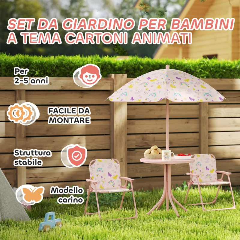 AIYAPLAY Set da Giardino per Bambini 2-5 Anni con Tavolino Rotondo, 2 Sedie Pieghevoli e un Ombrellone, Rosa