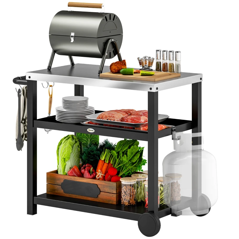 Outsunny Grillwagen 3-Etagen Servierwagen mit Arbeitsfläche Ablagen Haken Räder, Edelstahl 102x50x81cm Kohlegrau