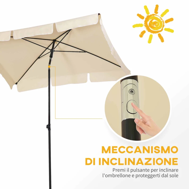 Outsunny Ombrellone da Giardino Rettangolare e Regolabile con Palo in Alluminio, 2x1.3x2.5 m, Beige