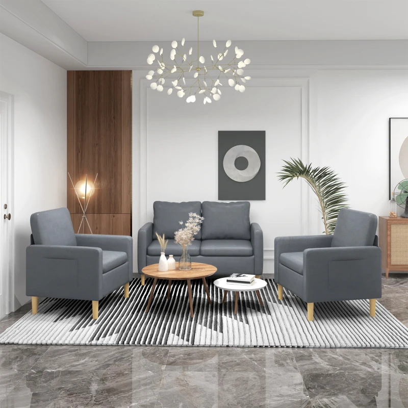 HOMCOM Sofá de 2 Plazas Tapizado en Poliéster con 2 Bolsillos Laterales Reposabrazos y Patas de Madera 143x76x83 cm Gris