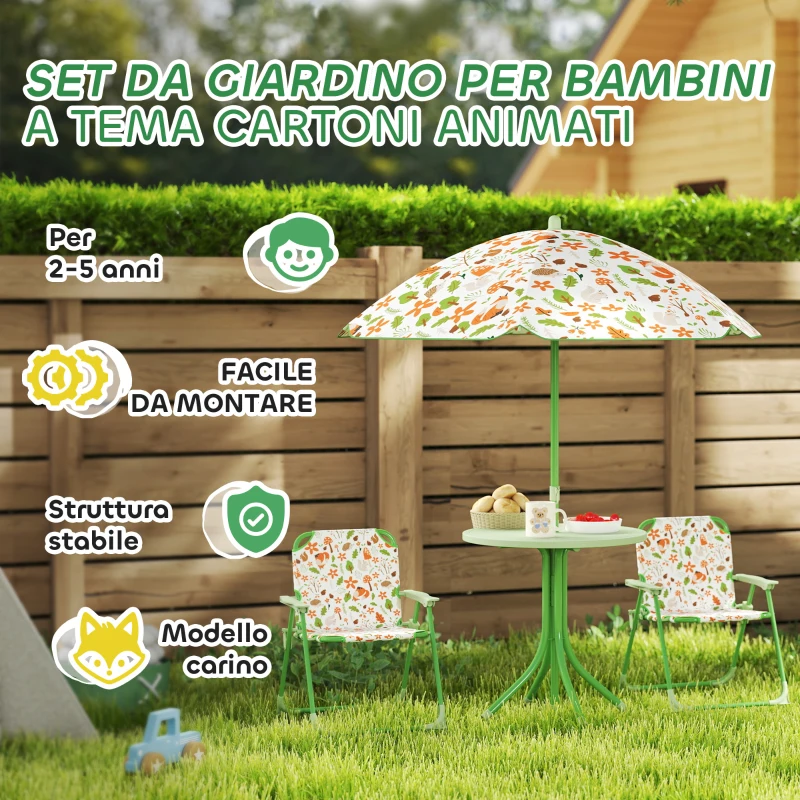 AIYAPLAY Set da Giardino per Bambini 2-5 Anni con Tavolino Rotondo, 2 Sedie Pieghevoli e un Ombrellone, Verde