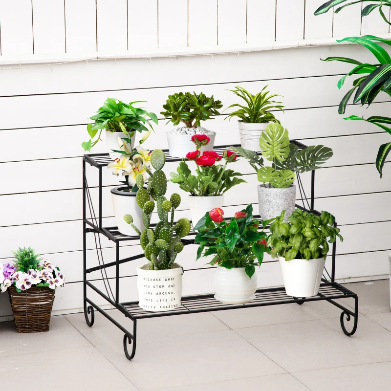 Outsunny Suport pentru Plante din Fier Forjat, Scara Suport pentru Ghivece pentru Exterior pe 3 Niveluri, Negru