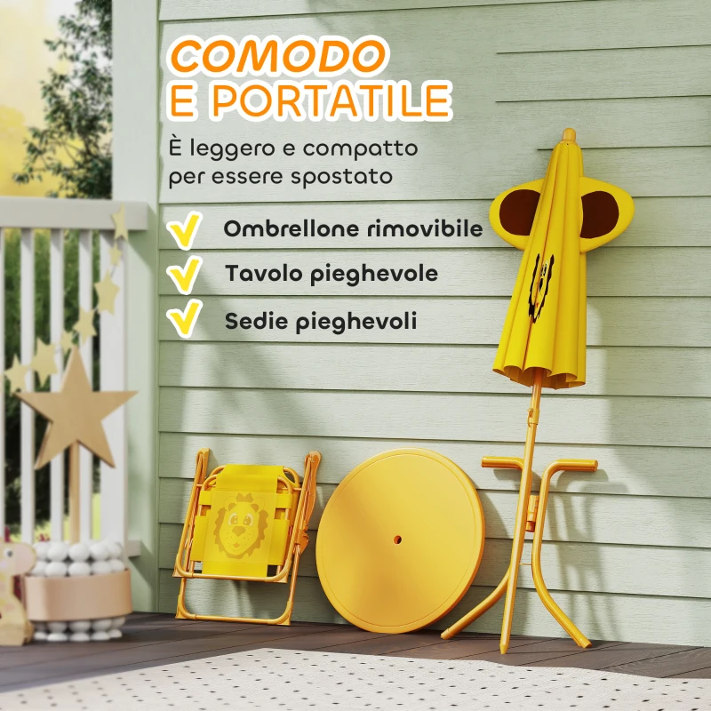 AIYAPLAY Set da Giardino per Bambini 2-5 Anni con Tavolino Rotondo, 2 Sedie Pieghevoli e un Ombrellone, Giallo