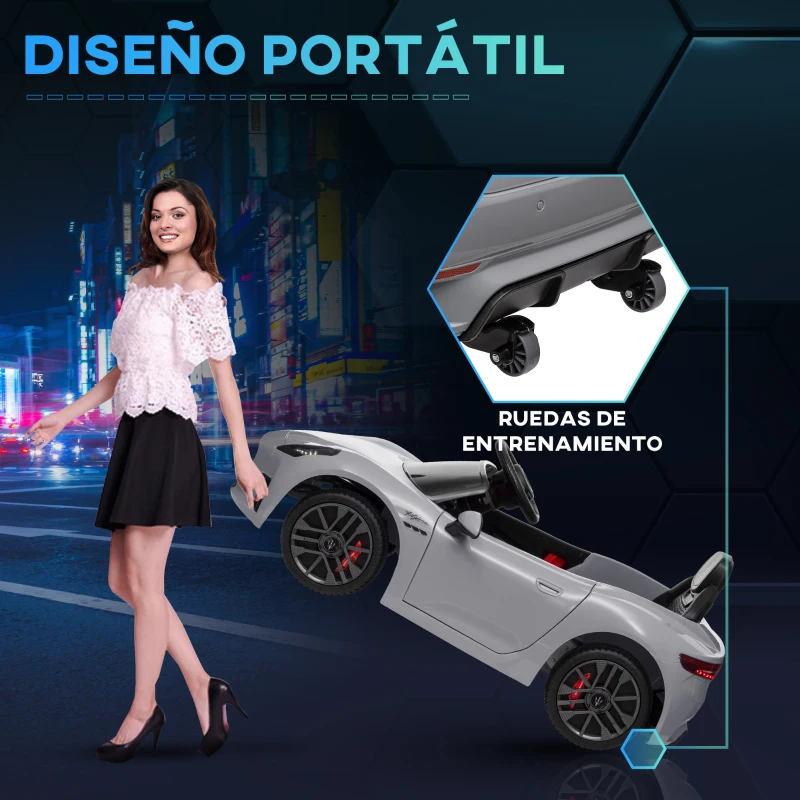 AIYAPLAY Coche Eléctrico Infantil Maserati Gran Turismo Folgore con Batería 12V Mando a Distancia Faros Bocina Música MP3 Gris