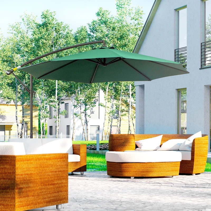 Outsunny 3(m) Banana Parasol Hanging Cantilever Umbrella with Crank Handle, 8 Ribs and Cross Base for Outdoor, Sun Shade, Dark Green