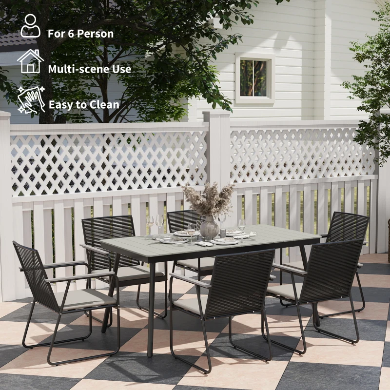 Outsunny 6 Seater Garden Dining Set with Soft Cushions, Rattan Backrest, Rectangular Plastic Top, Garden Furniture Set, Outdoor Dining Table and Chairs for Patio, Balcony, Poolside, Grey