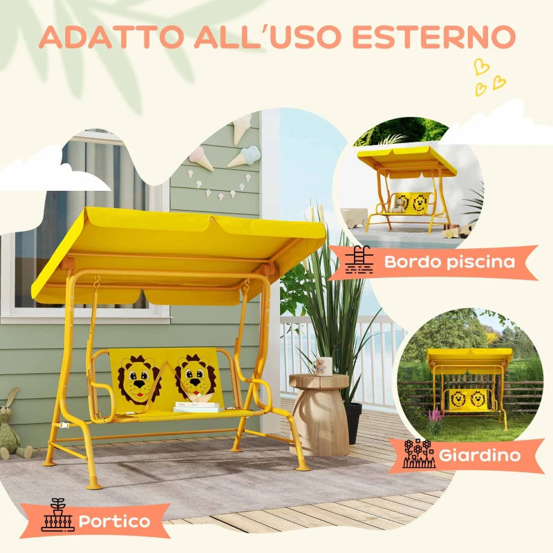 AIYAPLAY Dondolo per Bambini da Esterno a 2 Posti con Tettuccio Regolabile e Cinture di Sicurezza, 112x75x120 cm, Giallo