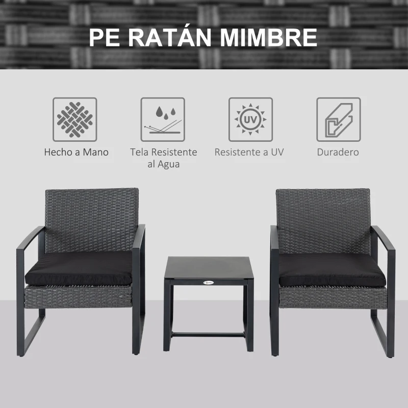 Outsunny Juego de 2 Sillas y Mesa de Ratán con Cojines Acolchados y Encimera de Vidrio para Balcón Terraza Gris y Negro