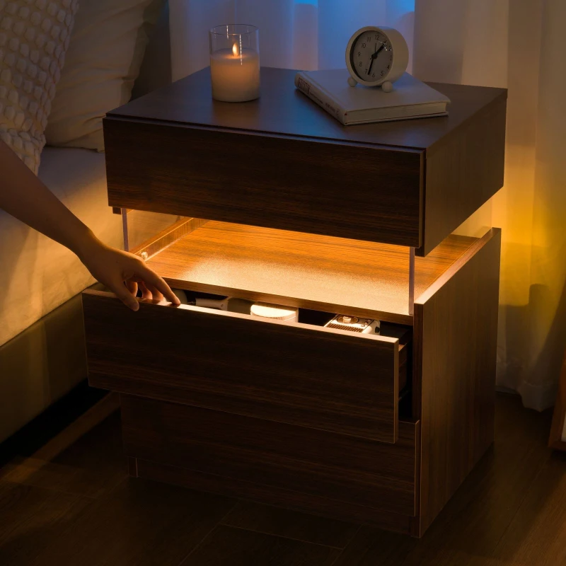 LED Nightstand with Acrylic Board and 3 Drawers, Modern Bedside Table with RGB LED Light, 50L x 37.5W x 60H cm, Walnut
