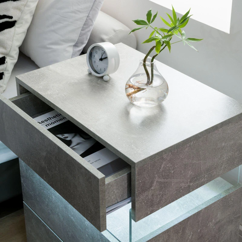 LED Nightstand with Acrylic Board and 3 Drawers, Modern Bedside Table with RGB LED Light, 50L x 37.5W x 60H cm, Gray