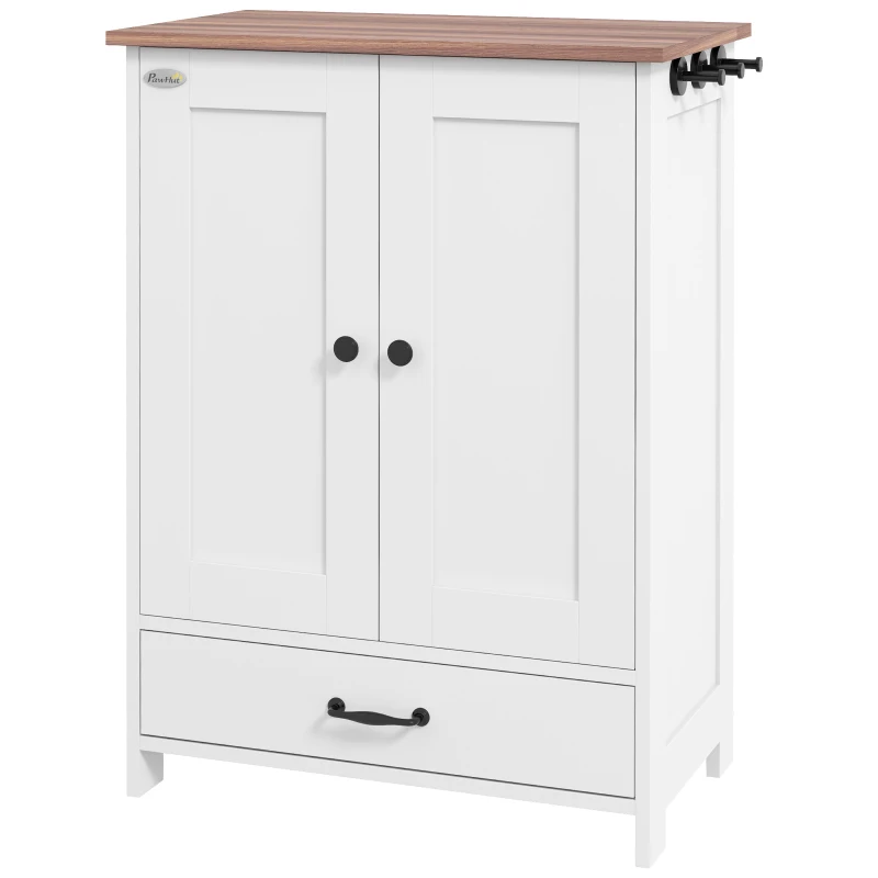 PawHut Pet Feeding Station with Raised Dog Bowls, Adjustable Panel, Hooks, White