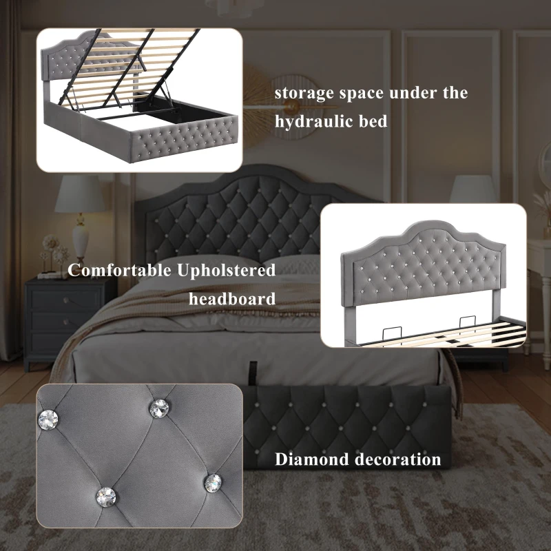 Upholstered Double Bed with Hydraulic Lift Storage, Diamond-Textured Velvet and Iron Frame, 198.5L x 146W x 116H cm, Gray