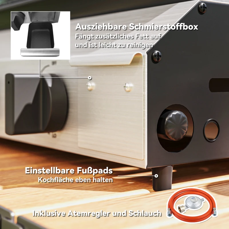 Outsunny Gasgrill 8000BTU/2,4 KW Grillwagen inkl 2 Edelstahl-Brenner Druckminderer 44 x 44,5 x 19 cm Silber+Schwarz