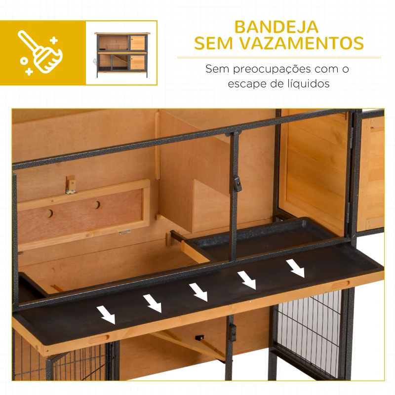 PawHut Gaiola para Coelhos de Madeira de 2 Níveis com Teto Asfáltico Rebatível e Rampa para Exterior 122x50x101 cm Madeira e Preto