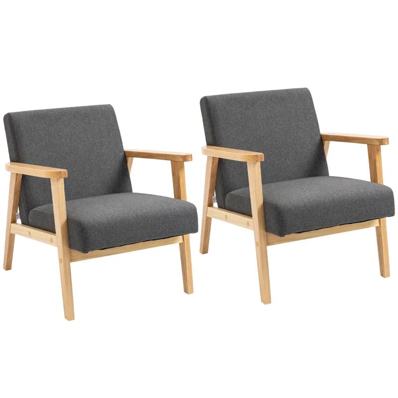 HOMCOM Set of 2 Accent Armchair, Living Room Chair, Wooden Upholstered Single Lounge Chair with Rubber Wood Legs and Padded Seat , Leisure Sofa Chair for Bedroom Office, Dark Grey