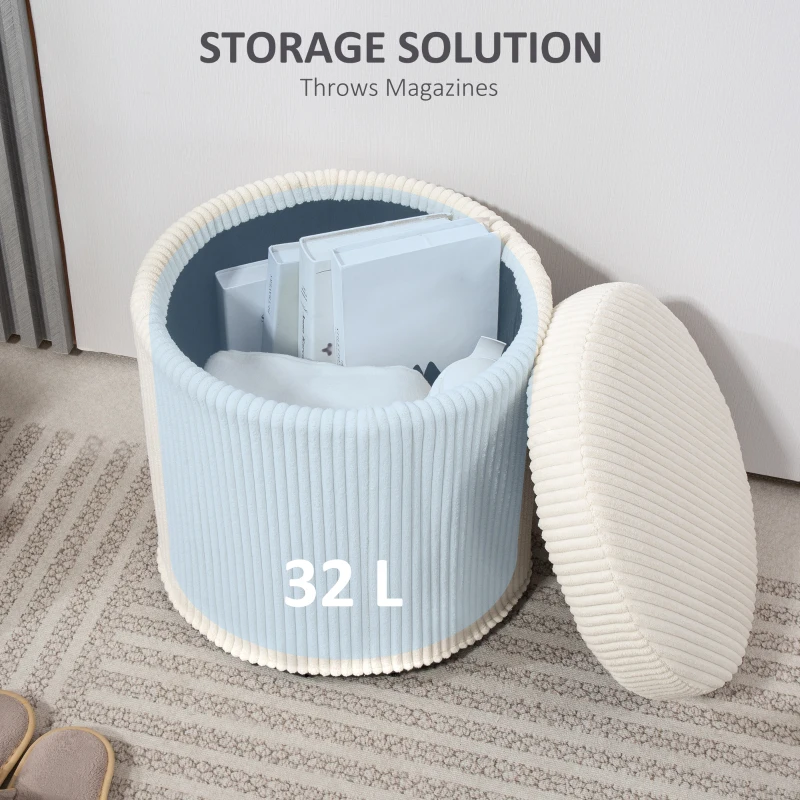HOMCOM 40cm Round Storage Ottoman, Corduroy Footstool with Removable Lid and Legs, Vanity Stool for Living Room, Bedroom, Beige