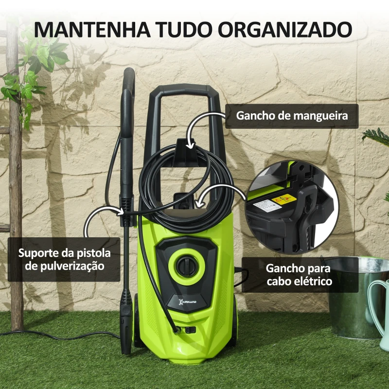 DURHAND Lavadora de Alta Pressão 1800W Caudal de 510 L/h com Bomba de Alumínio Paragem Automática Pressão de 150 Bar Verde e Preto