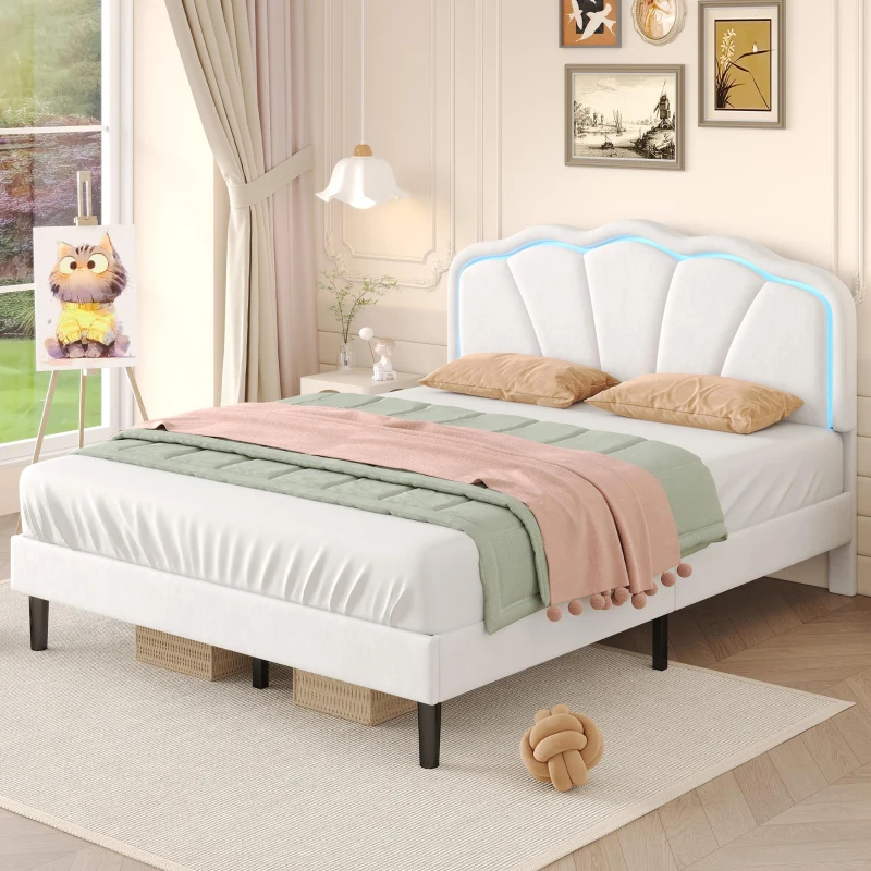 4ft6 Double Upholstered Bed with LED Adjustable Shell Headboard, Velvet Frame and Solid Wood Slat, 194L x 139W x 111H cm, Cream White