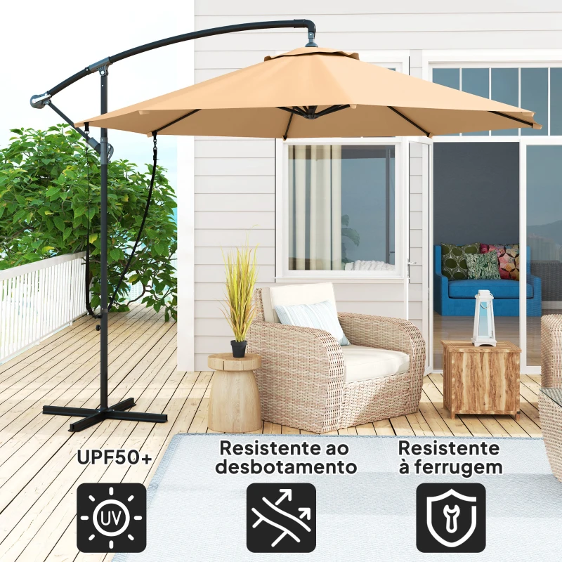 Outsunny Chapéu de Sol Excêntrico Ø 290 cm Chapéu de Sol de Jardim com Base Cruzada Capa de Proteção e Corda de Vento Cáqui