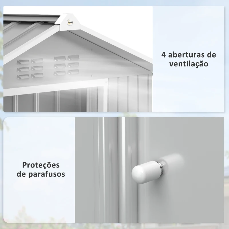 Outsunny Abrigo de Jardim 2,42 m 213x130x185 cm Abrigo de Jardim Metálico para Armazenamento com 2 Portas Deslizantes e 4 Janelas Cinza Claro