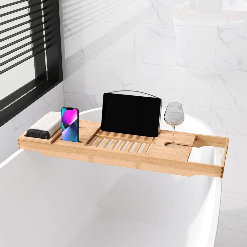 HOMCOM Badewannenablage Bambus verstellbares Badewannenbrett Badewannentablett für Buch, iPad, Telefon, SPA
