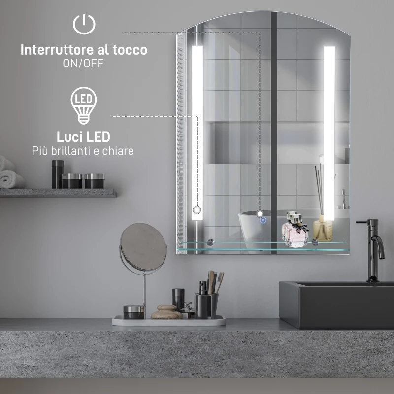 kleankin Specchio Bagno con Luce LED e Interruttore Touch, Mensola in Vetro e Struttura Alluminio, IP44, 50x70 cm Argento