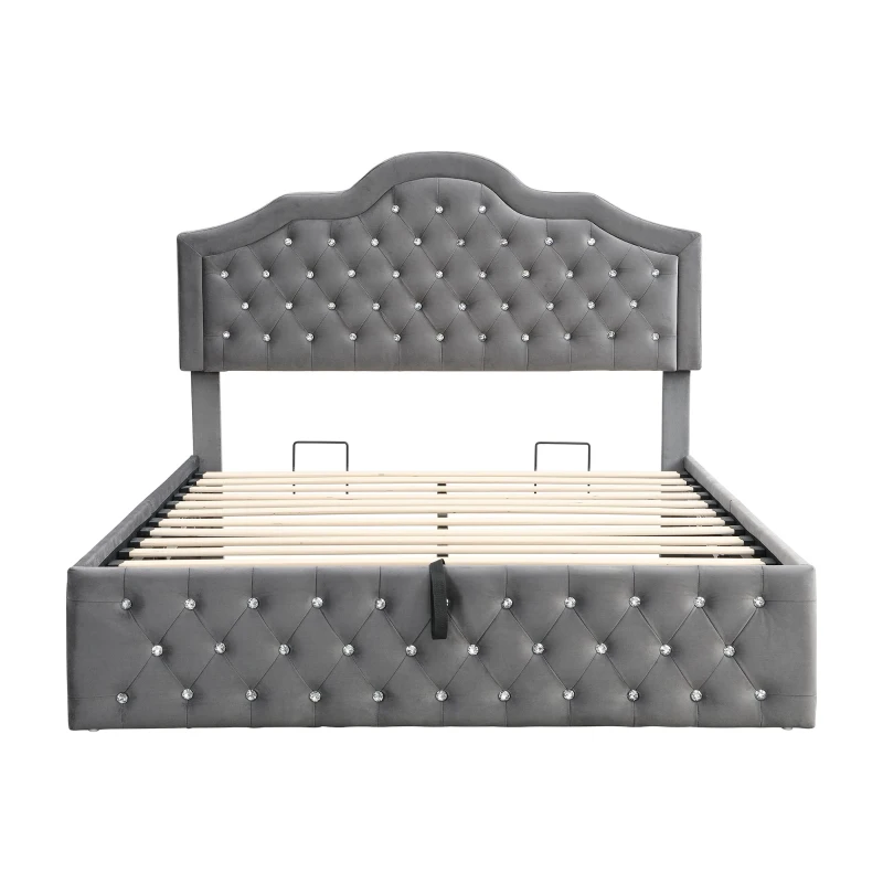 Upholstered Double Bed with Hydraulic Lift Storage, Diamond-Textured Velvet and Iron Frame, 198.5L x 146W x 116H cm, Gray