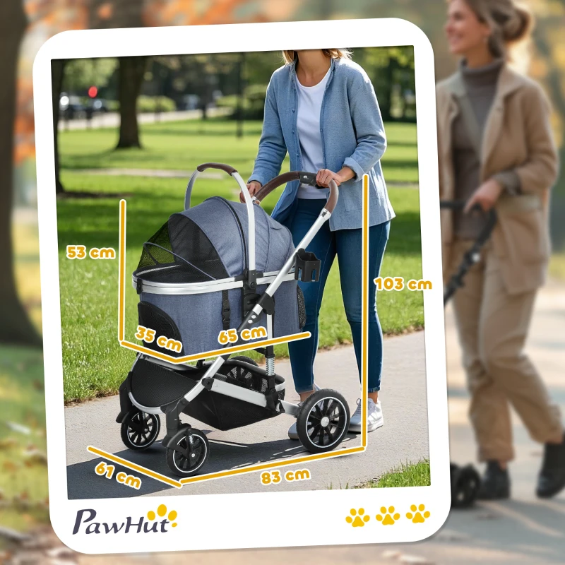 PawHut Hundewagen 3 in 1 Hundebuggy klappbar für Katzen bis 10 kg Katzenbuggy mit Kissen Becherhalter Dunkelblau(m-3)