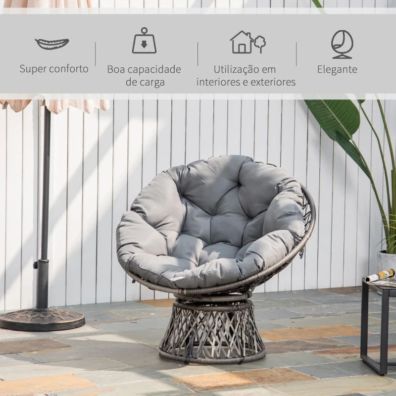 Outsunny Poltrona Papasan Giratória de Vime Sintético com Almofada e Estrutura de Aço para Jardim Pátio 87x97x90 cm Cinza