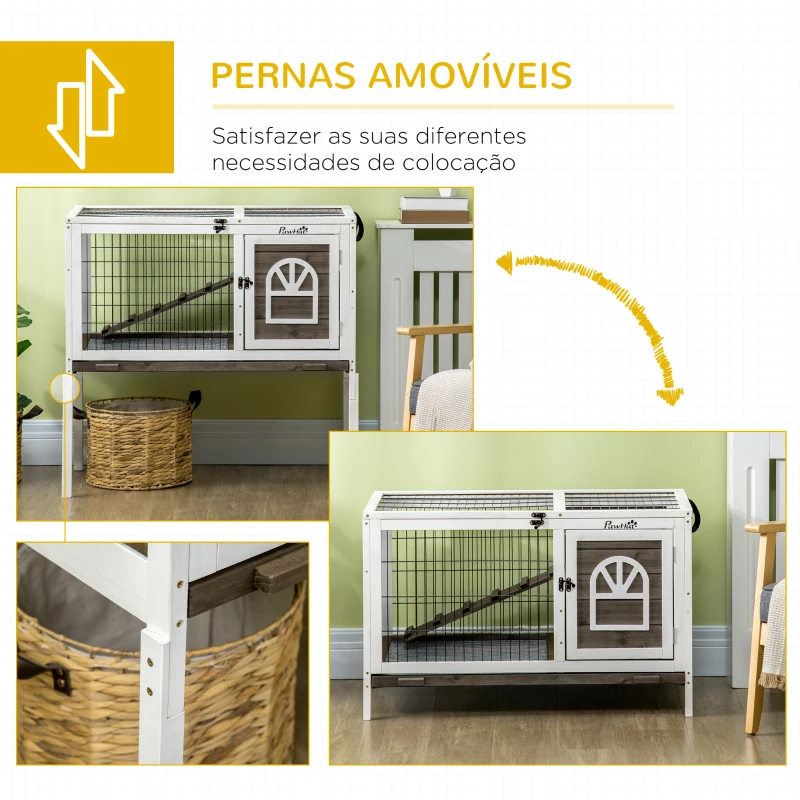PawHut Coelheira de Madeira Elevada com Zona Aberta Teto Rebatível Portas com Fecho Bandeja Removível 90x53x87 cm Marrom e Branco