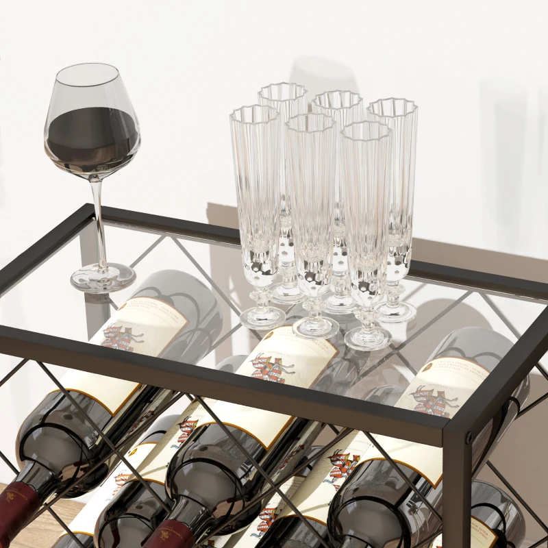 HOMCOM Suporte para Garrafas de Vinho para 10 Garrafas Suporte com Bancada de Vidro Temperado e Estrutura de Aço 41x22x41 cm Preto