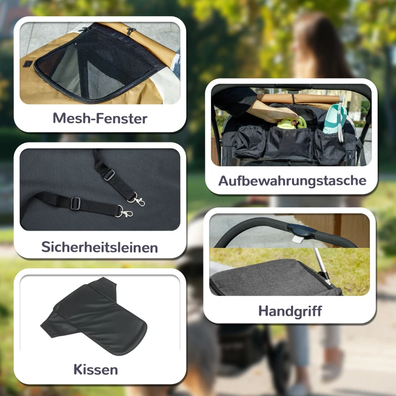 PawHut Hondenwagen, Opvouwbare hondenbuggy voor grote honden, huisdierenwagen met 4 wielen, veiligheidslijnen, remmen, bruin