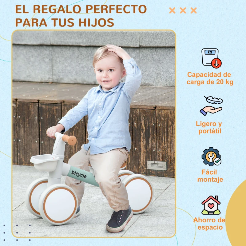 AIYAPLAY Bicicleta sin Pedales para Niños de 12-36 Meses con Asiento Ajustable Cesta y 4 Ruedas Silenciosas 56x27x39 cm Verde